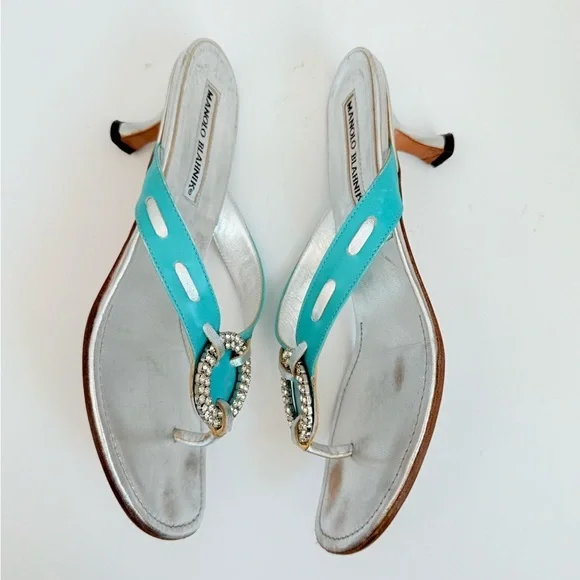 Manolo Blahnik Silver Turquoise Leather Vintage crystal thong sandals EU37 US 7 - Picture 5 of 10
